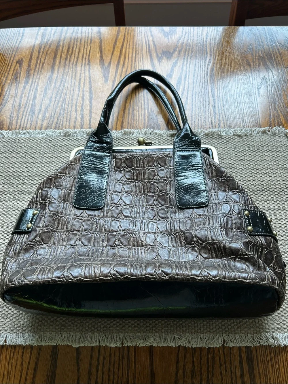 Vintage D&G Brown Croc-Embossed Leather Satchel with Black Trim